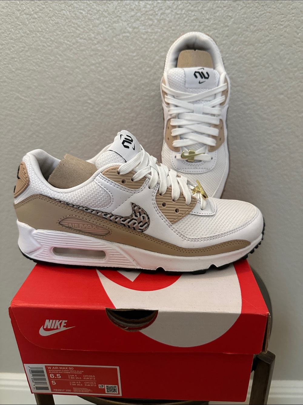 Nike White & Tan Air Max 90 Sneakers with Leopard Accent